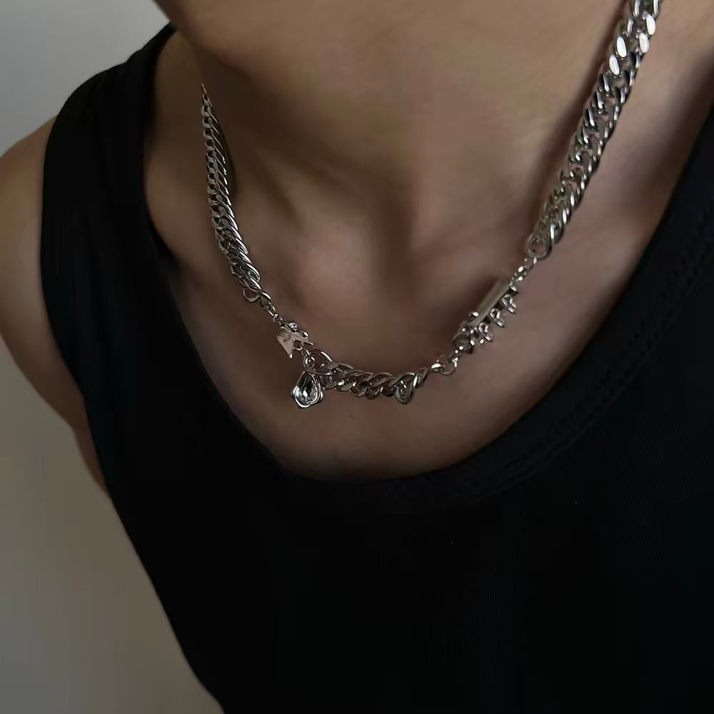 Heavyweight Silver Cuban Chain | Mens Necklace | Cybernicho | Liquid Metal Pendant | Techwear Streetwear Jewelry