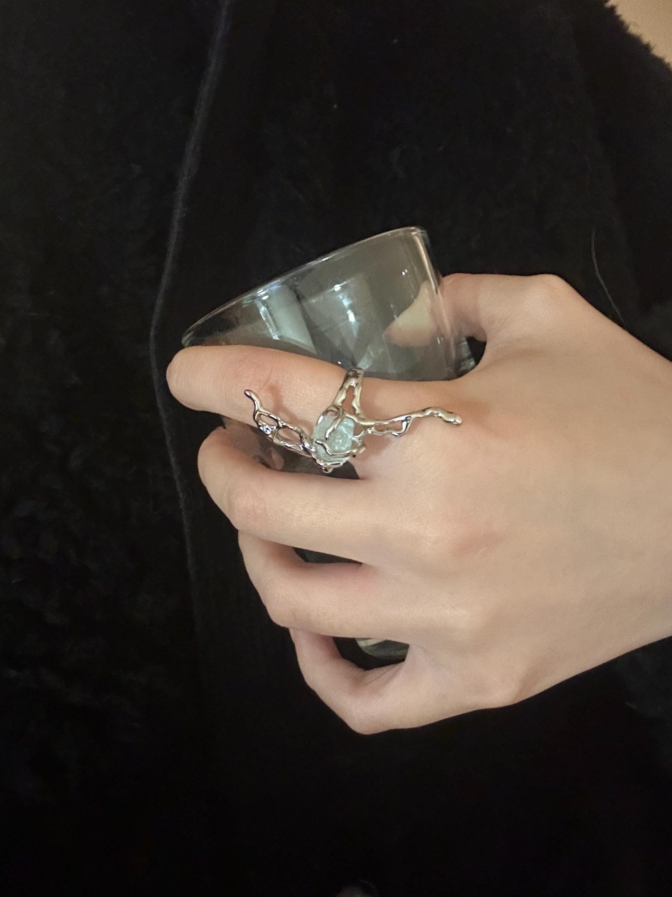 Silver Finish Gemstone Ring Chunky Statement Ring Jewellery Liquid Metal Thorns Ring Jewellery Gift For Her Birthday handmade melted metal