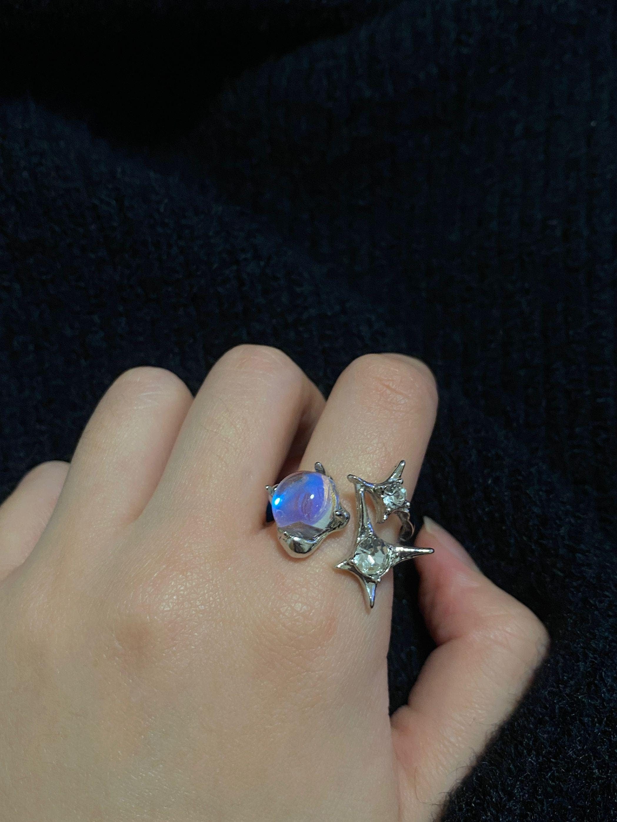 Silver Star Gemstone Ring Chunky Statement Ring Jewellery Liquid Metal Moonstone Ring Gift For Her Birthday handmade melted metal