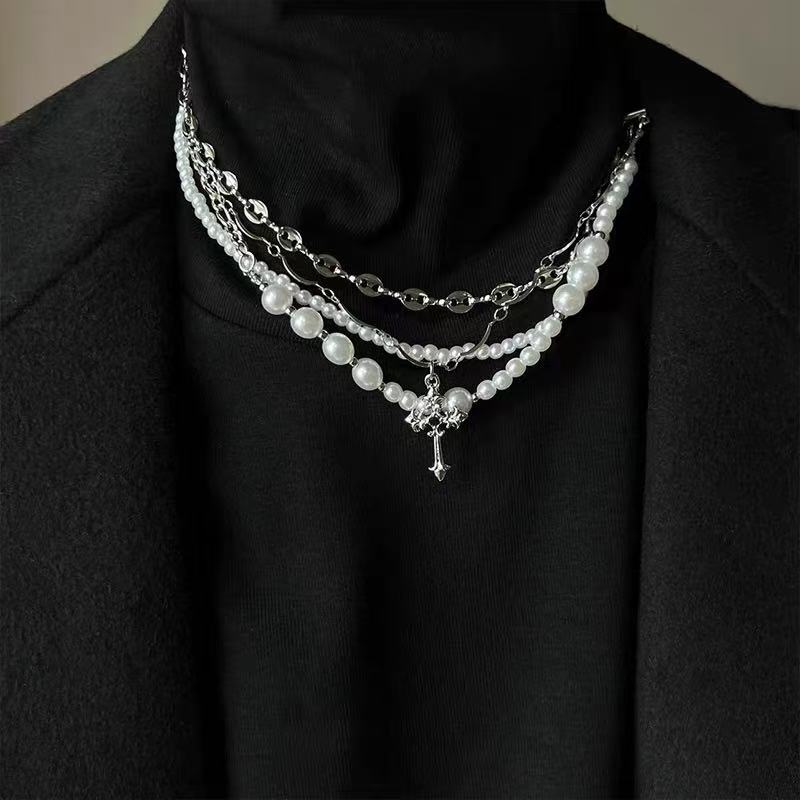Multi-layered Pearl Choker | Silver Cross Pendant | Cybernicho | Stellar Dust Gothic Necklace