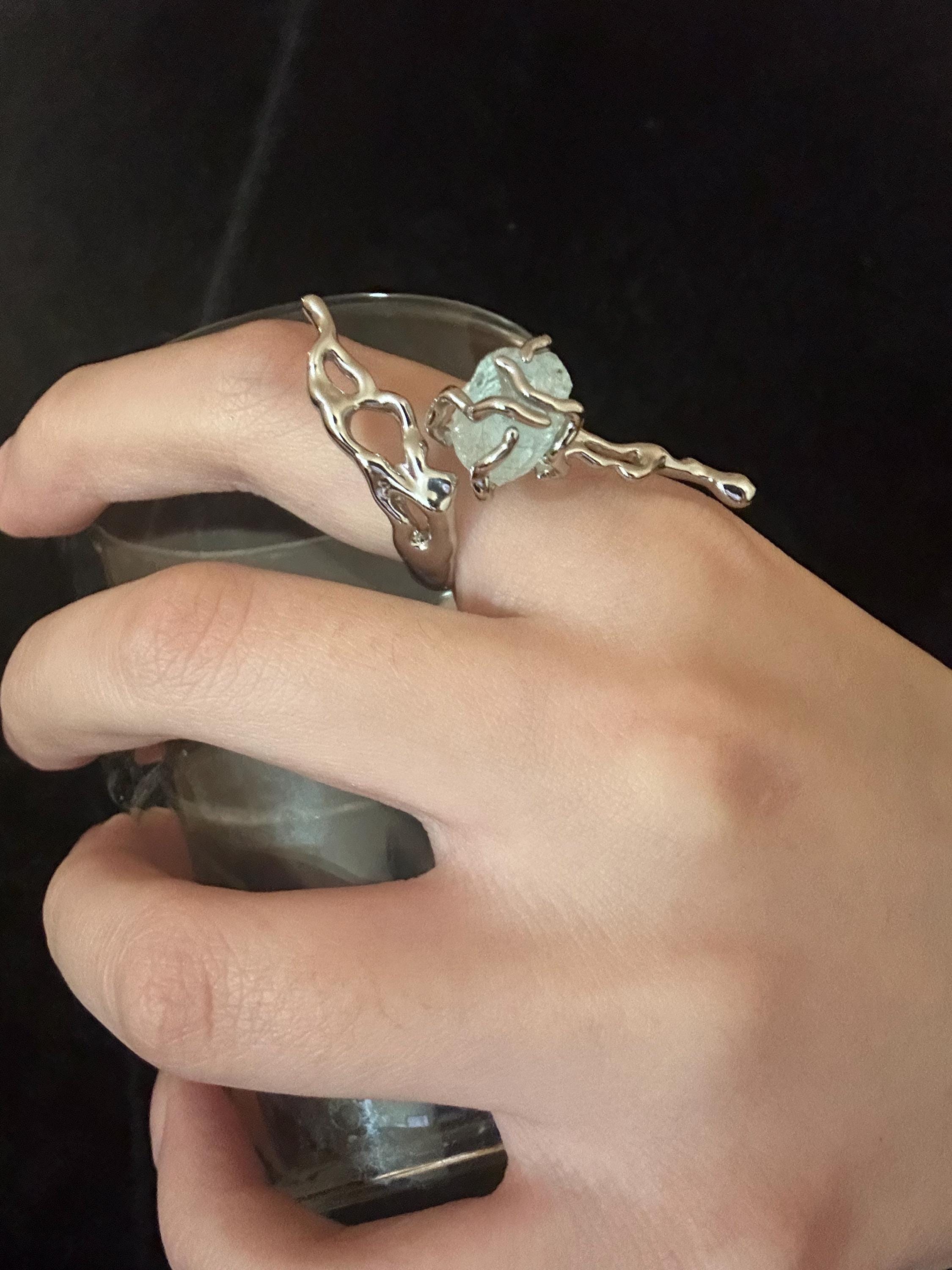Silver Finish Gemstone Ring Chunky Statement Ring Jewellery Liquid Metal Thorns Ring Jewellery Gift For Her Birthday handmade melted metal