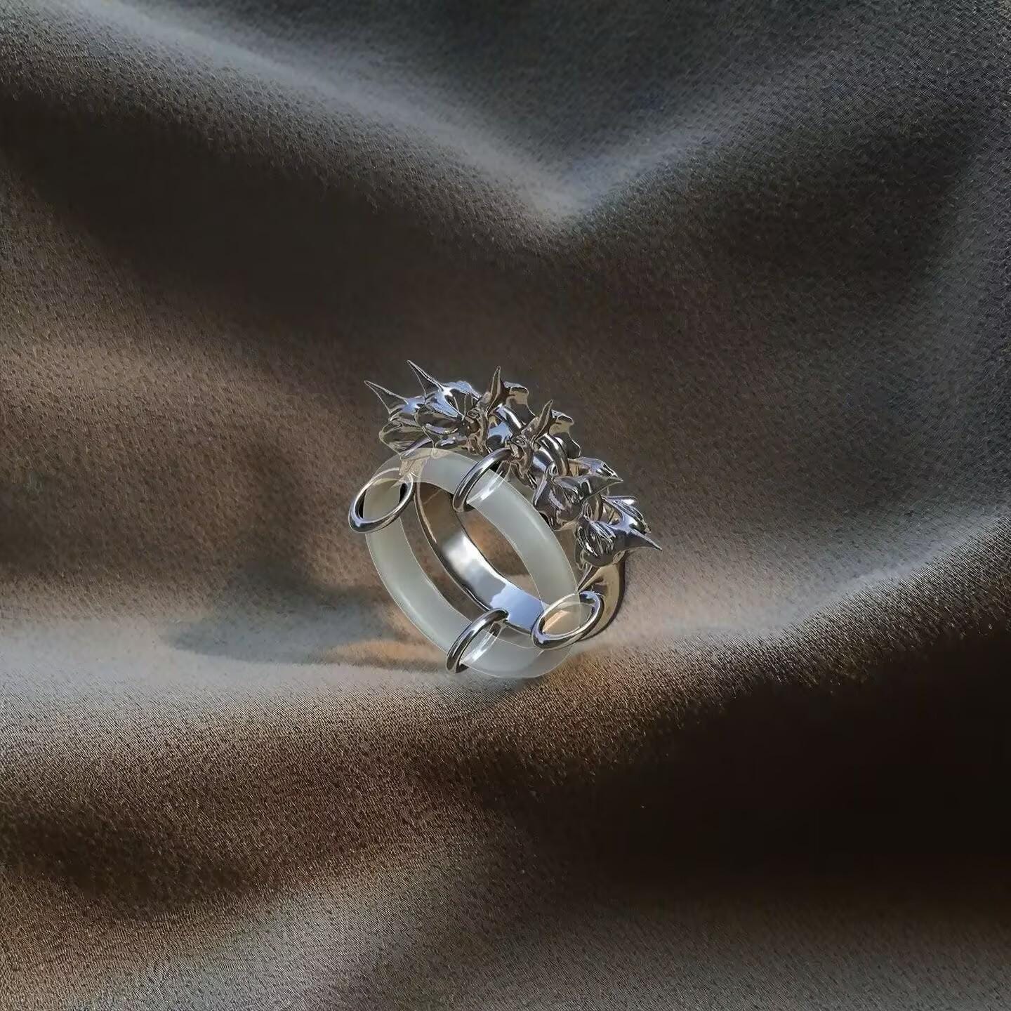 Cyberpunk Dragonbone Ring: Liquid Silver Double Band, Unisex Statement Jewelry