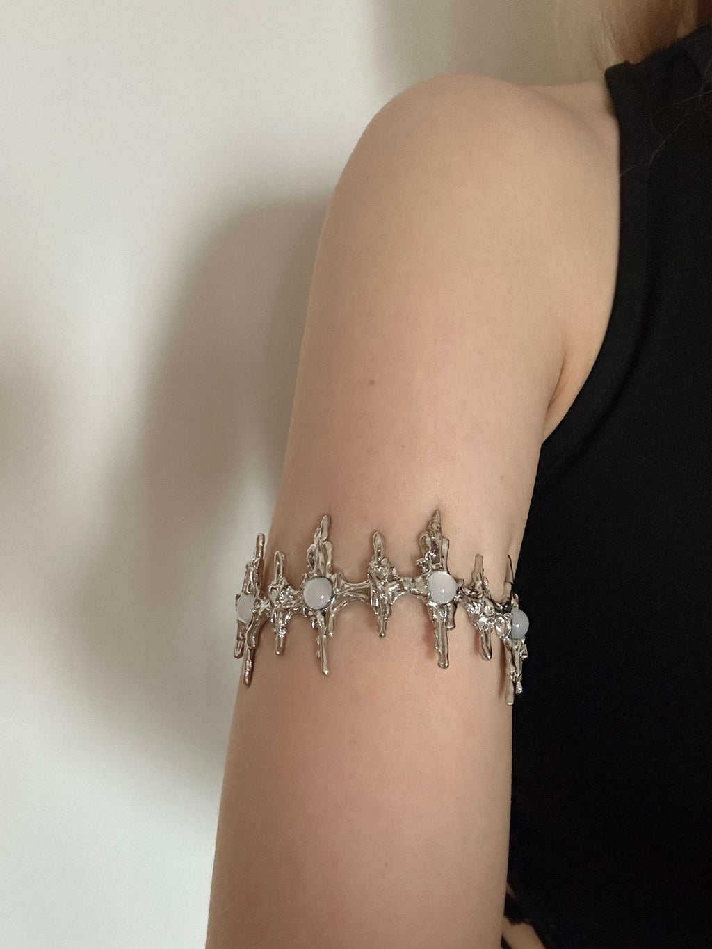 Arm Cuff | Silver | Cybernicho | Molten Nova White Agate Star | Adjustable Y2K Jewelry