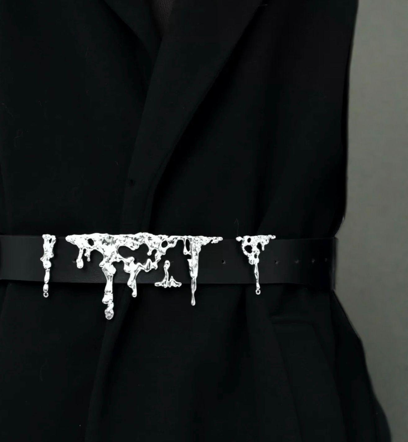 Belt | black-silver | Cybernicho | Molten Lava Liquid Metal Belt | cyberpunk-industrial-buckle-accessory