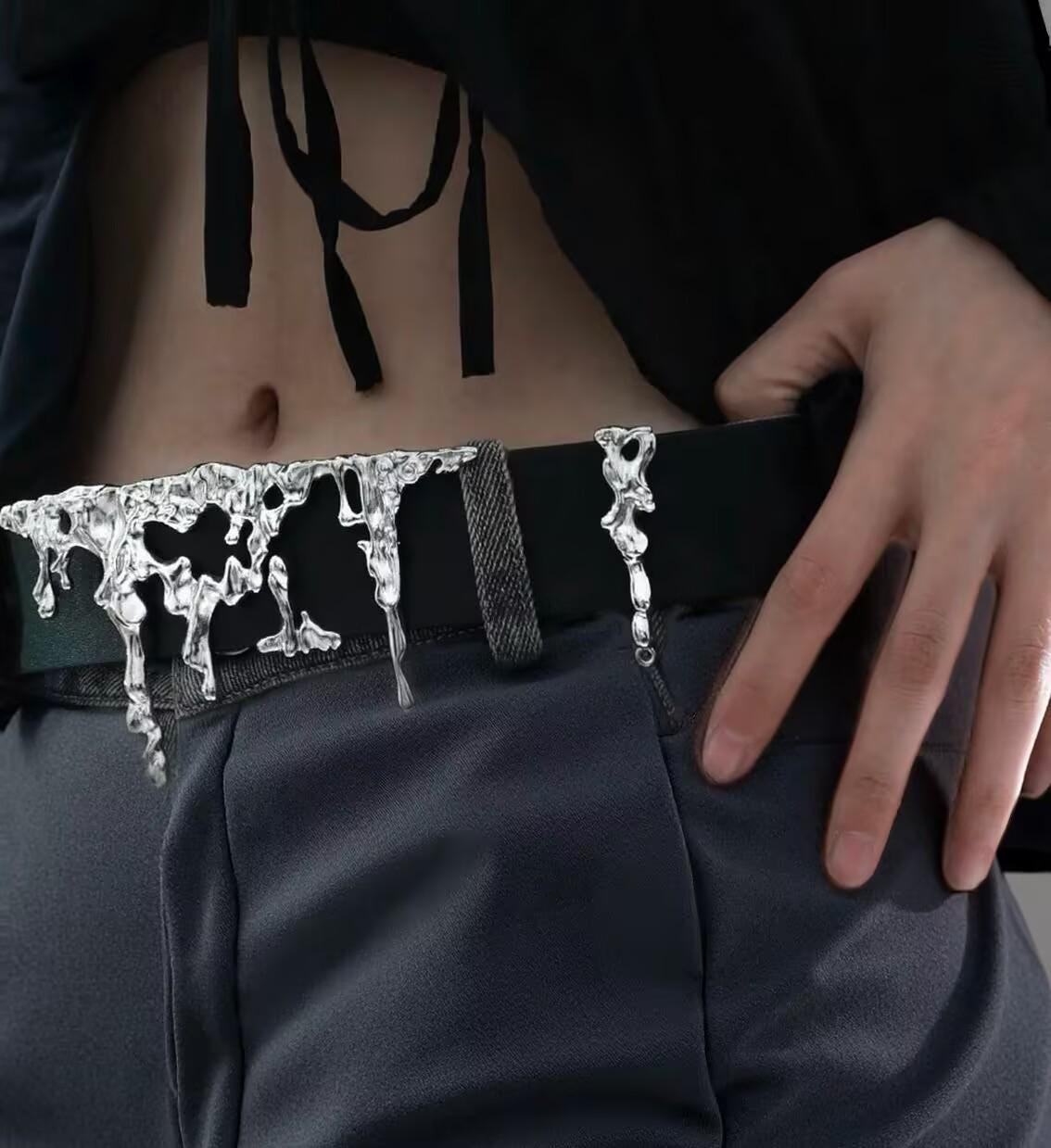Belt | black-silver | Cybernicho | Molten Lava Liquid Metal Belt | cyberpunk-industrial-buckle-accessory