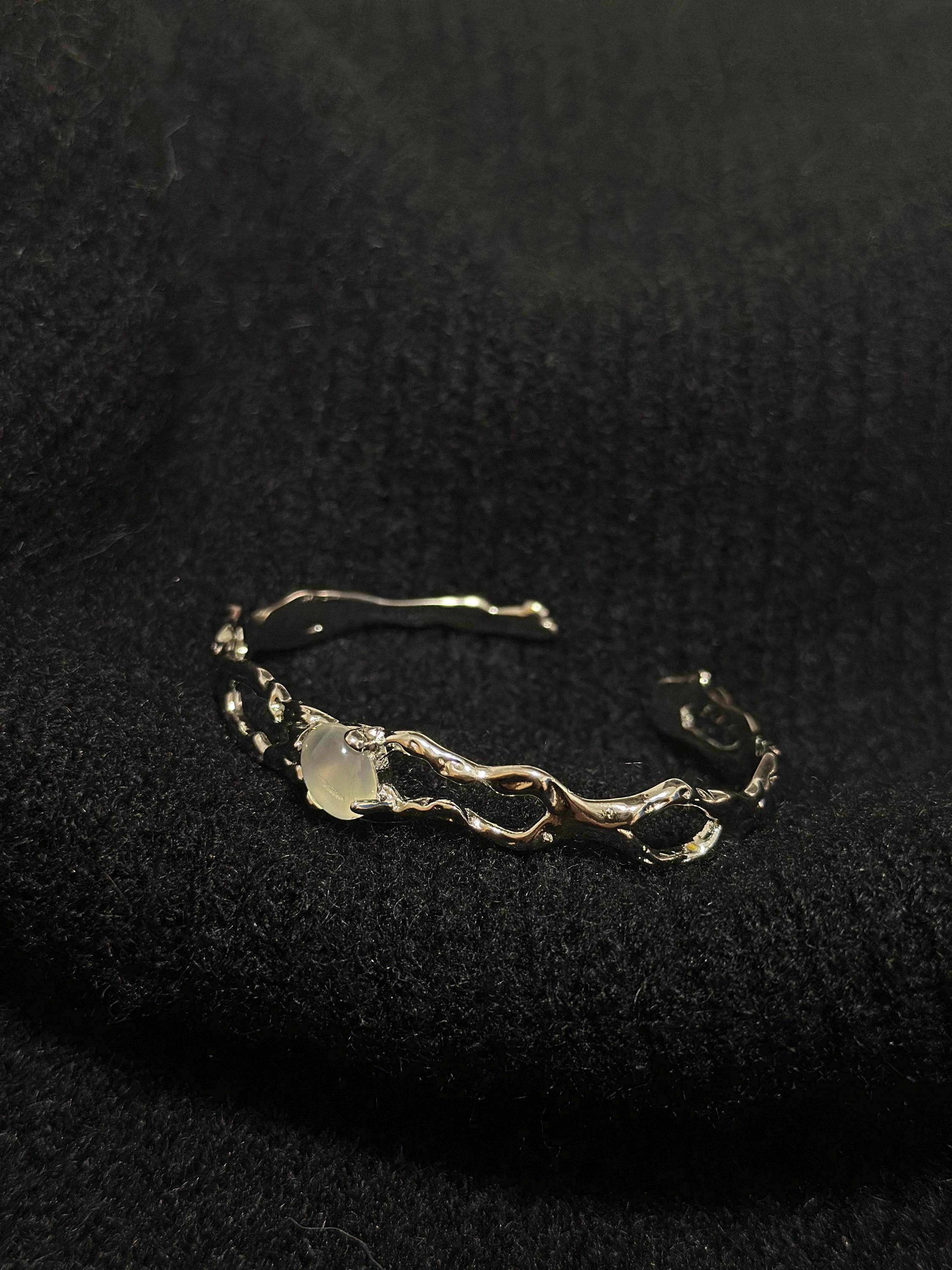 Bracelet | silver | Cybernicho | Molten Thorn Gemstone Liquid Metal Cuff | handmade-melted-metal-statement-jewelry