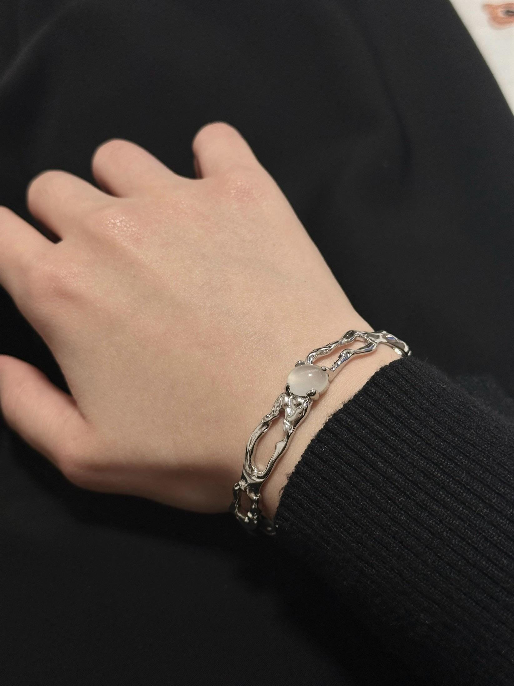 Bracelet | silver | Cybernicho | Molten Thorn Gemstone Liquid Metal Cuff | handmade-melted-metal-statement-jewelry