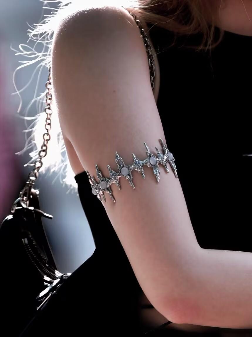 Arm Cuff | Silver | Cybernicho | Molten Nova White Agate Star | Adjustable Y2K Jewelry