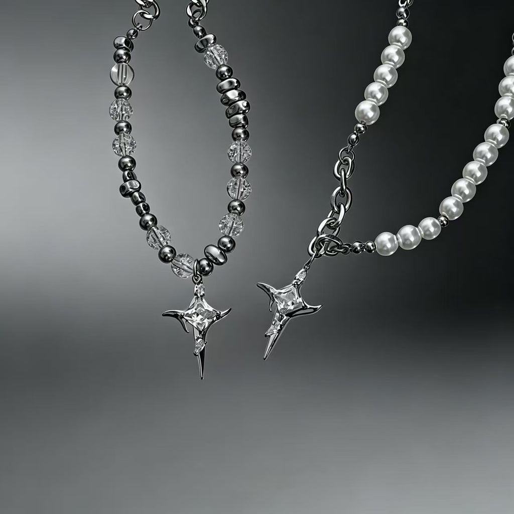 Asymmetrical Pearl Chain | Silver | Cybernicho | Stellar Dust Star Pendant | Cyberpunk Goth Jewelry