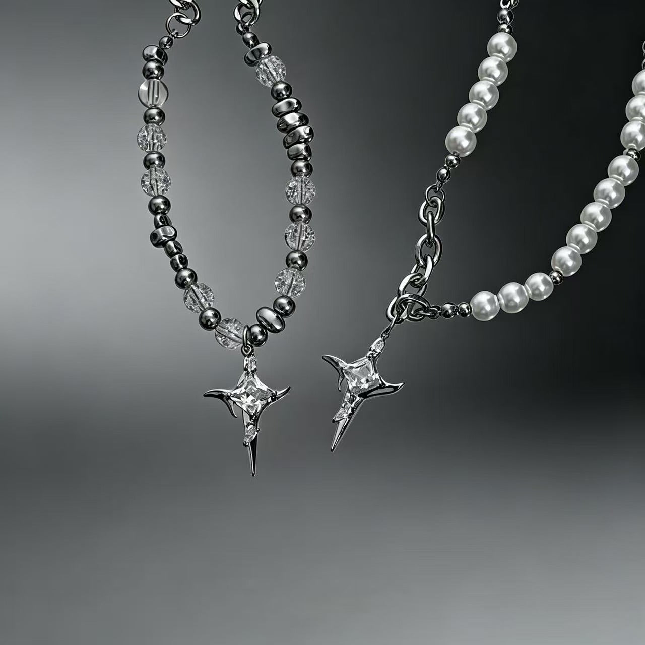 Asymmetrical Pearl Chain | Silver | Cybernicho | Stellar Dust Star Pendant | Cyberpunk Goth Jewelry
