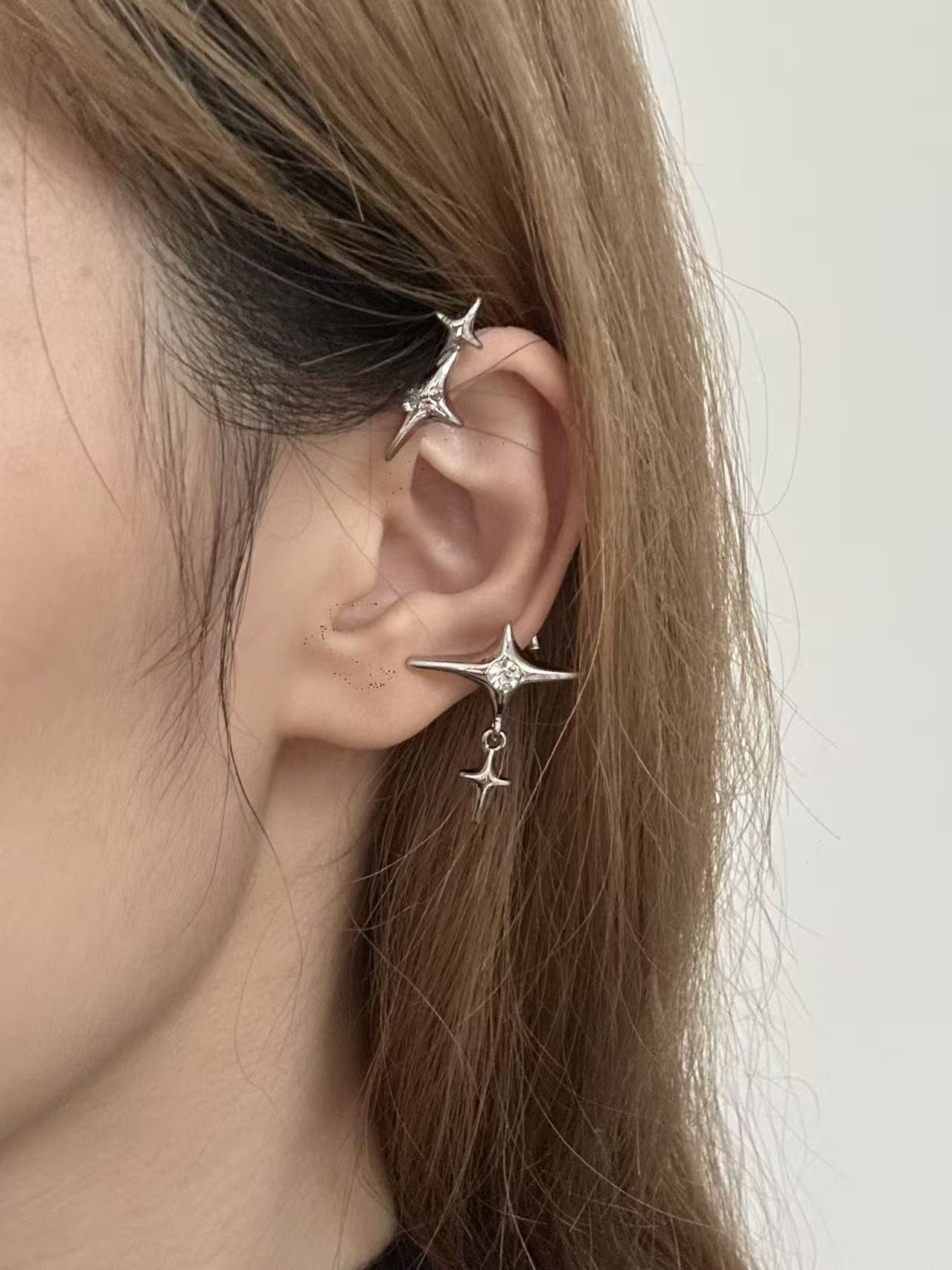 Earrings | polished-chrome | Cybernicho | Molten Starburst Liquid Ear Wrap | cyberpunk-celestial-aesthetic