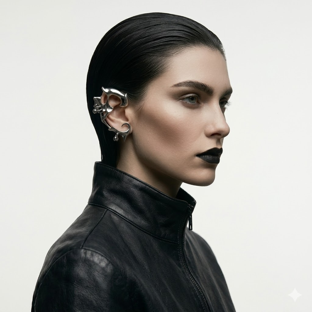 Earrings | polished-silver | Cybernicho | Molten Predator Mechanical Ear Wrap | 3D-liquid-metal-claw-design