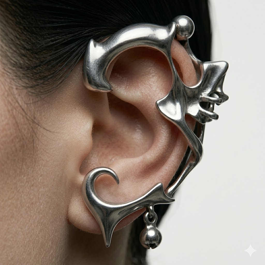 Earrings | polished-silver | Cybernicho | Molten Predator Mechanical Ear Wrap | 3D-liquid-metal-claw-design