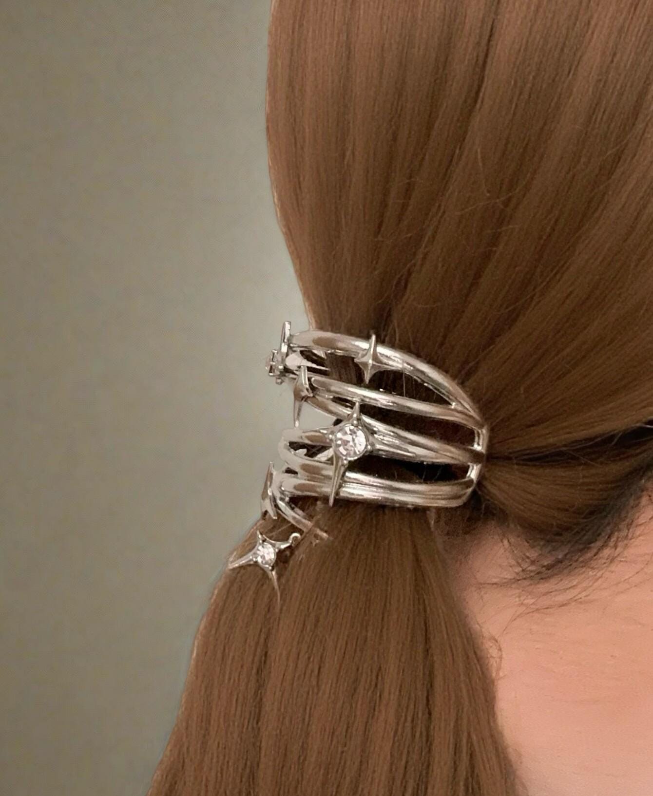 Hair | silver | Cybernicho | Molten Starburst Liquid Hair Armor | cyberpunk-ponytail-clip-aesthetic