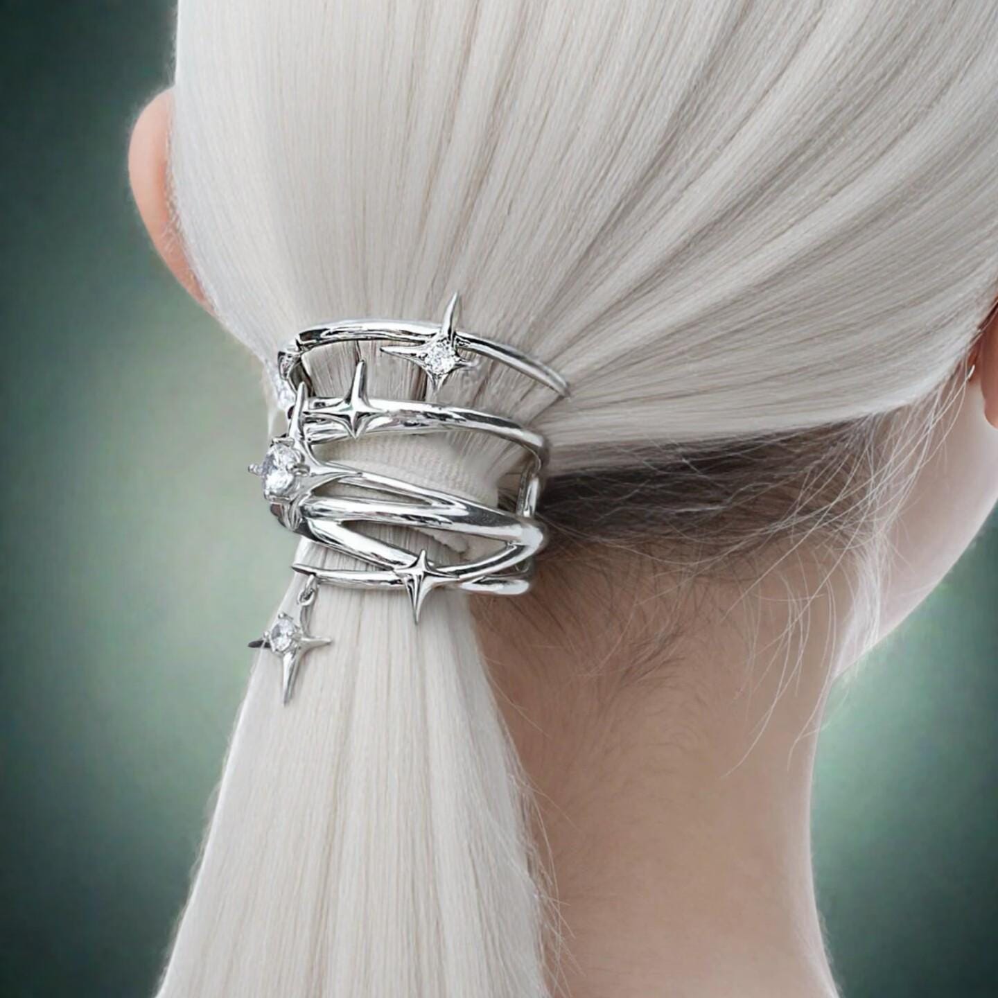 Hair | silver | Cybernicho | Molten Starburst Liquid Hair Armor | cyberpunk-ponytail-clip-aesthetic