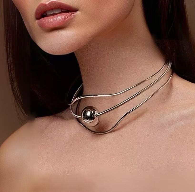 Choker | silver | Cybernicho | Molten Orbit Geometric Metal Collar | futuristic-techwear-hollow-ball-necklace