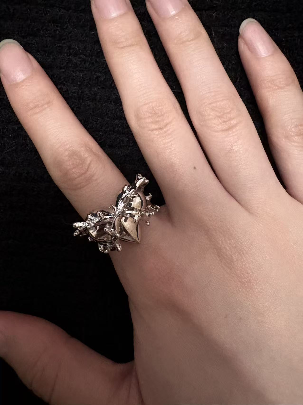 Rings | black-silver | Cybernicho | Molten Thorn Obsidian Heart Ring | sturdy-liquid-metal-thorn-jewelry