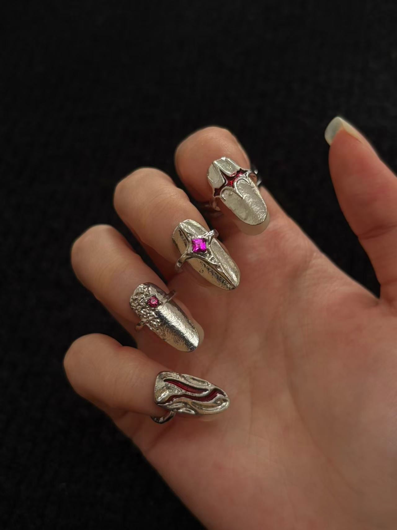 Rings | burgundy-silver | Cybernicho | Molten Sanguine Nail Armor Set | liquid-metal-finger-claws-with-red-rhinestones