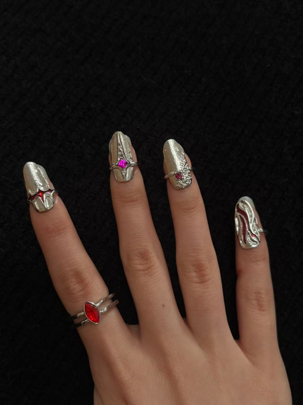 Rings | burgundy-silver | Cybernicho | Molten Sanguine Nail Armor Set | liquid-metal-finger-claws-with-red-rhinestones
