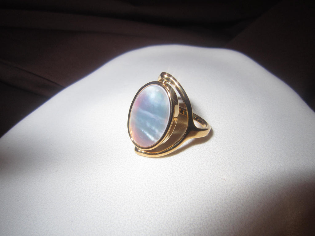 Rings | gold | Cybernicho | Molten Gyro Rotatable Abalone Shell Ring | kinetic-jewelry-double-sided-mother-of-pearl