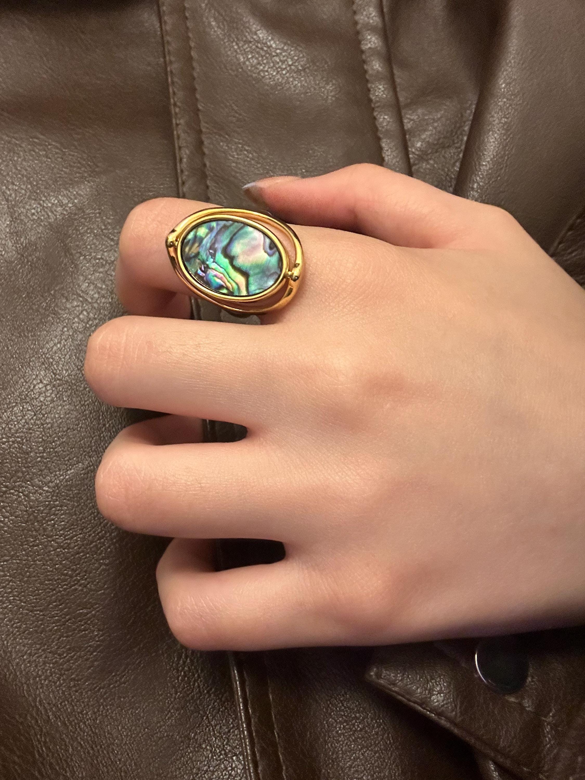 Rings | gold | Cybernicho | Molten Gyro Rotatable Abalone Shell Ring | kinetic-jewelry-double-sided-mother-of-pearl
