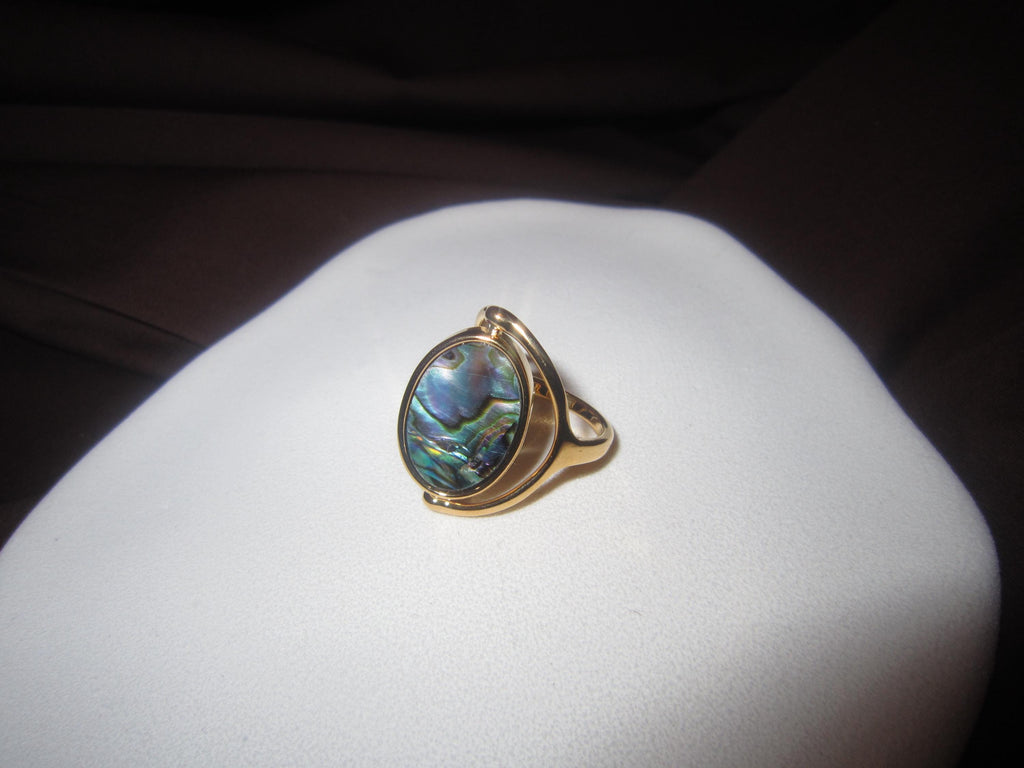 Rings | gold | Cybernicho | Molten Gyro Rotatable Abalone Shell Ring | kinetic-jewelry-double-sided-mother-of-pearl