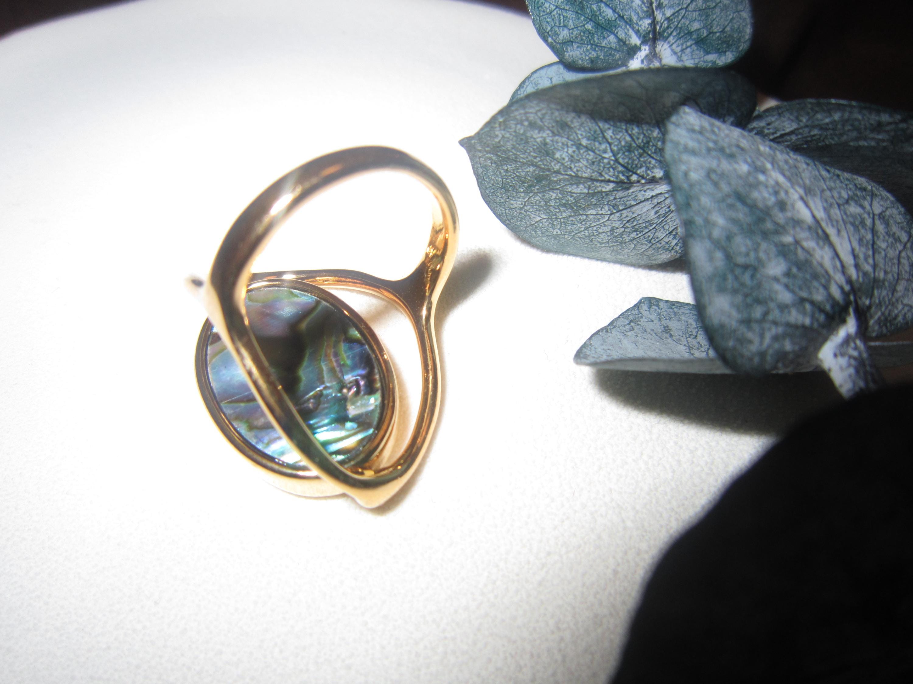 Rings | gold | Cybernicho | Molten Gyro Rotatable Abalone Shell Ring | kinetic-jewelry-double-sided-mother-of-pearl