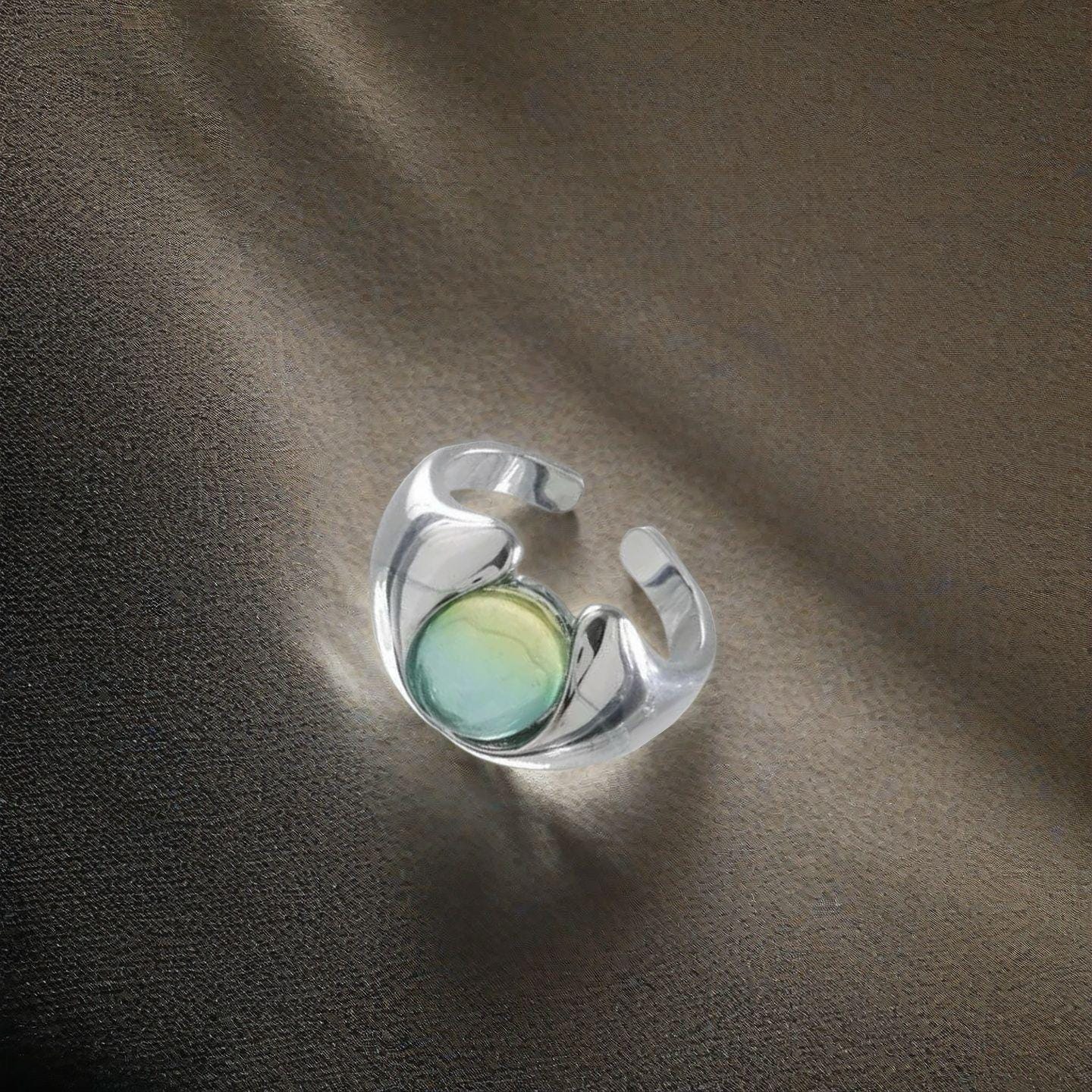 Rings | green-silver | Cybernicho | Molten Twilight Green Gemstone Ring | cyberpunk-adjustable-couple-ring-sunset-aesthetic