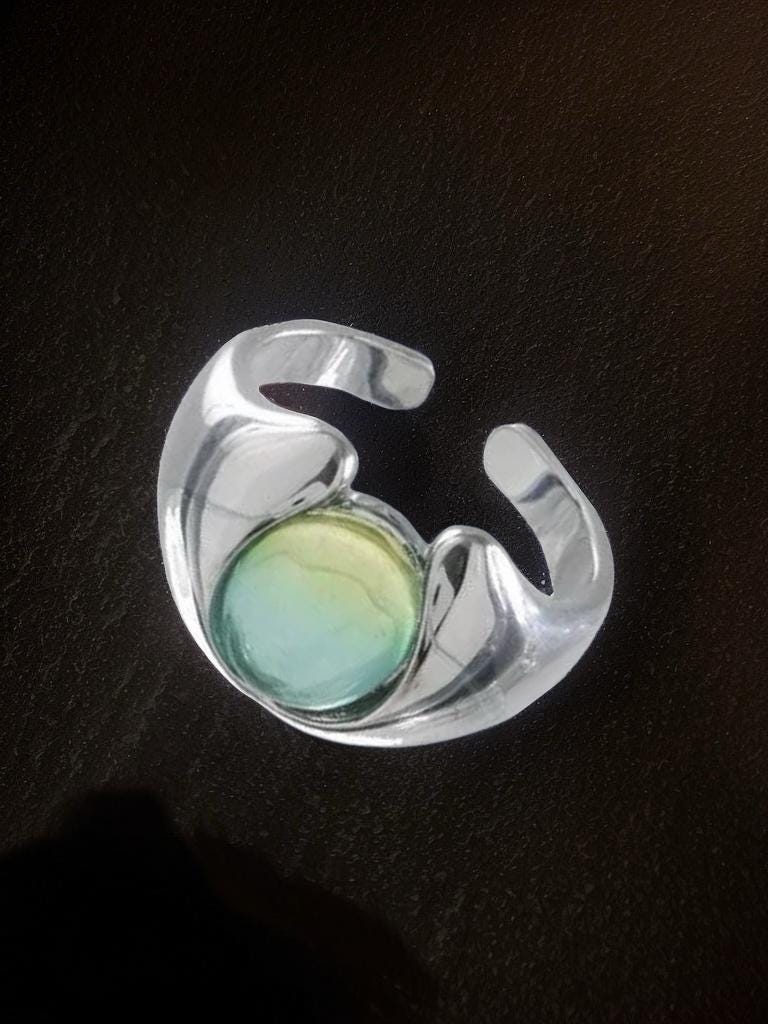 Rings | green-silver | Cybernicho | Molten Twilight Green Gemstone Ring | cyberpunk-adjustable-couple-ring-sunset-aesthetic