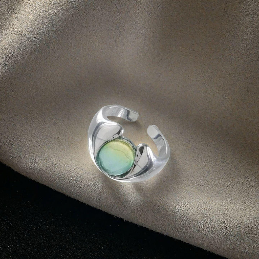 Rings | green-silver | Cybernicho | Molten Twilight Green Gemstone Ring | cyberpunk-adjustable-couple-ring-sunset-aesthetic