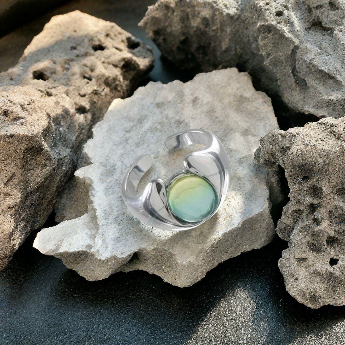 Rings | green-silver | Cybernicho | Molten Twilight Green Gemstone Ring | cyberpunk-adjustable-couple-ring-sunset-aesthetic
