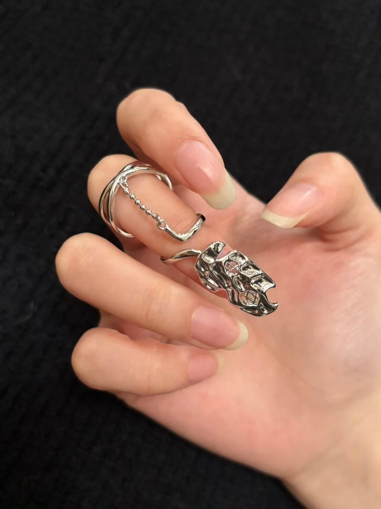 Rings | polished-silver | Cybernicho | Molten Empress Nail Armor | articulated-full-finger-ring-aesthetic