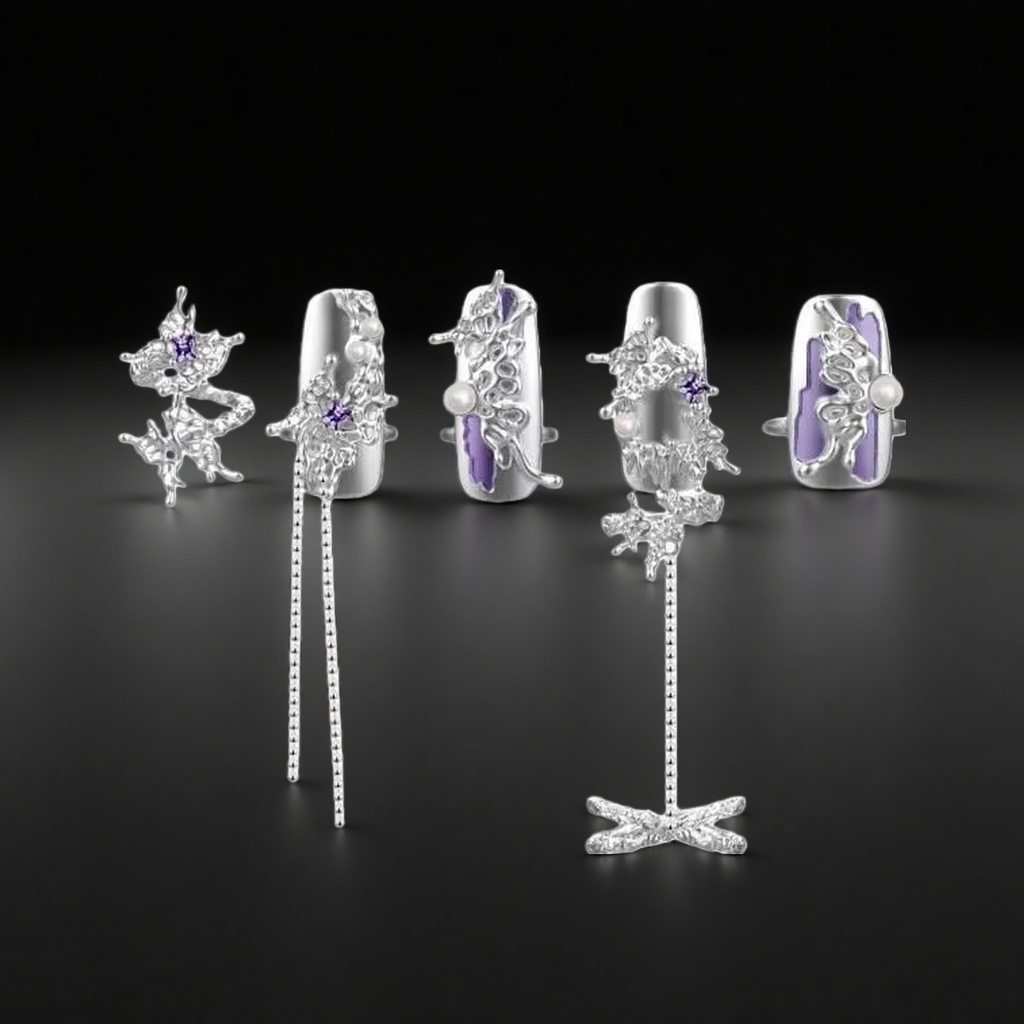 Rings | purple-silver | Cybernicho | Molten Flutter Butterfly Nail Armor | 5pcs-set-tassel-pearl-liquid-metal-design