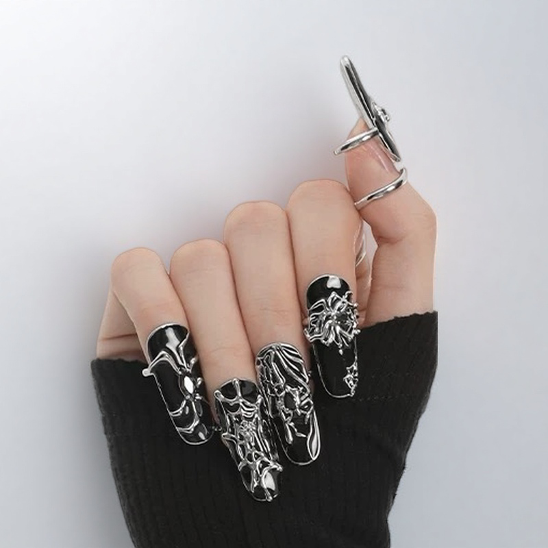 Rings | silver | Cybernicho | Molten Arachnid Mechanical Spider Nail Armor | 5pcs-set-liquid-metal-spider-theme-jewelry