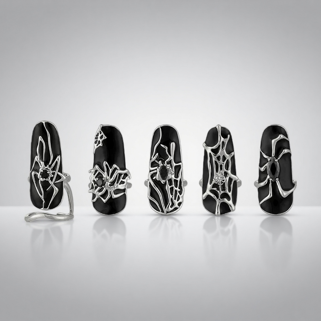 Rings | silver | Cybernicho | Molten Arachnid Mechanical Spider Nail Armor | 5pcs-set-liquid-metal-spider-theme-jewelry