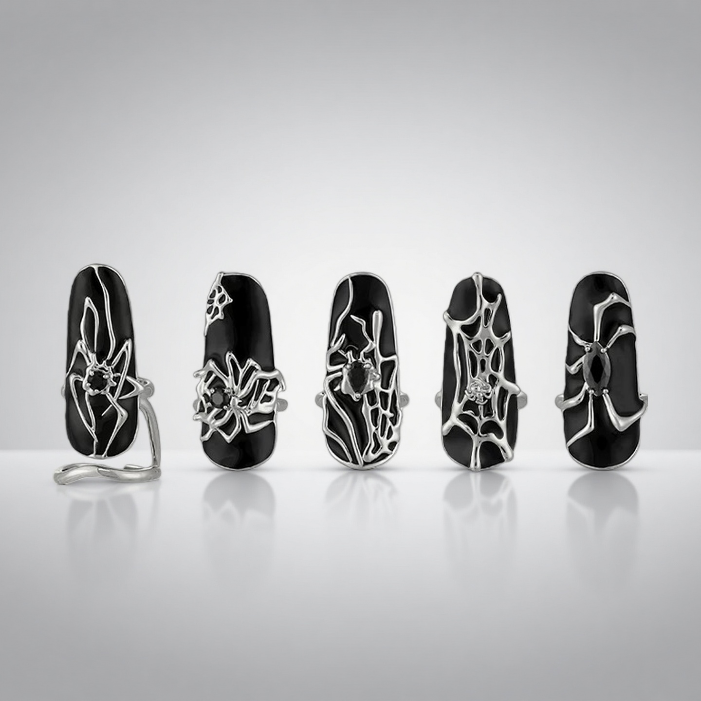 Rings | silver | Cybernicho | Molten Arachnid Mechanical Spider Nail Armor | 5pcs-set-liquid-metal-spider-theme-jewelry