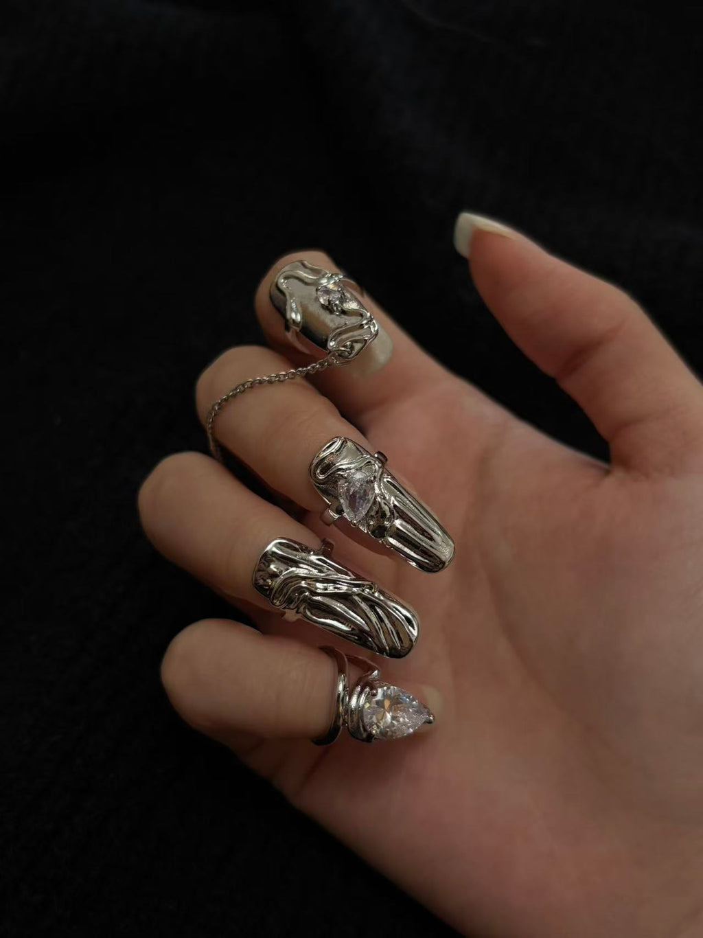 Rings | silver | Cybernicho | Molten Glitch Nail Armor Set | liquid-metal-finger-claws-with-chain-and-rhinestones