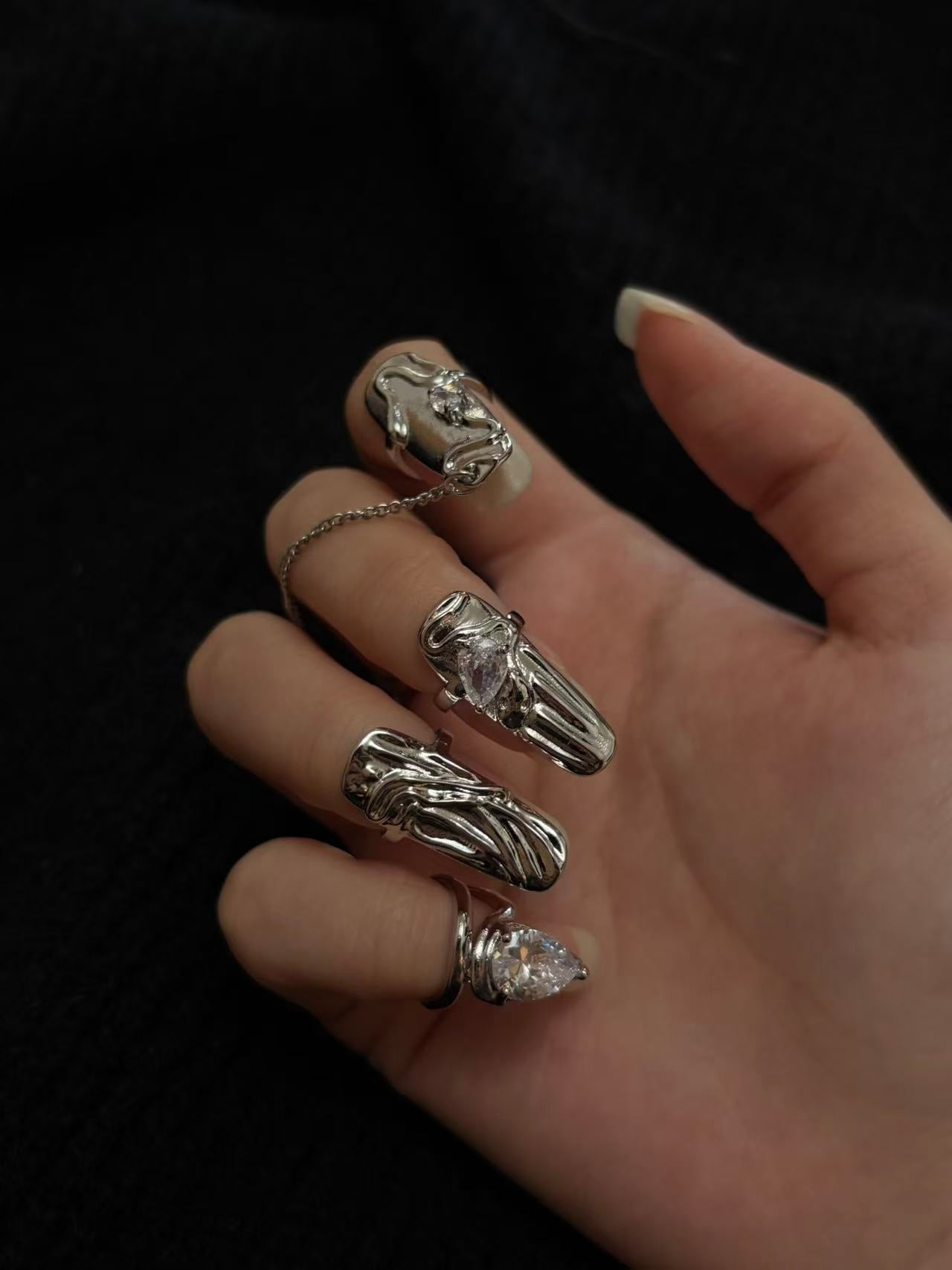 Rings | silver | Cybernicho | Molten Glitch Nail Armor Set | liquid-metal-finger-claws-with-chain-and-rhinestones