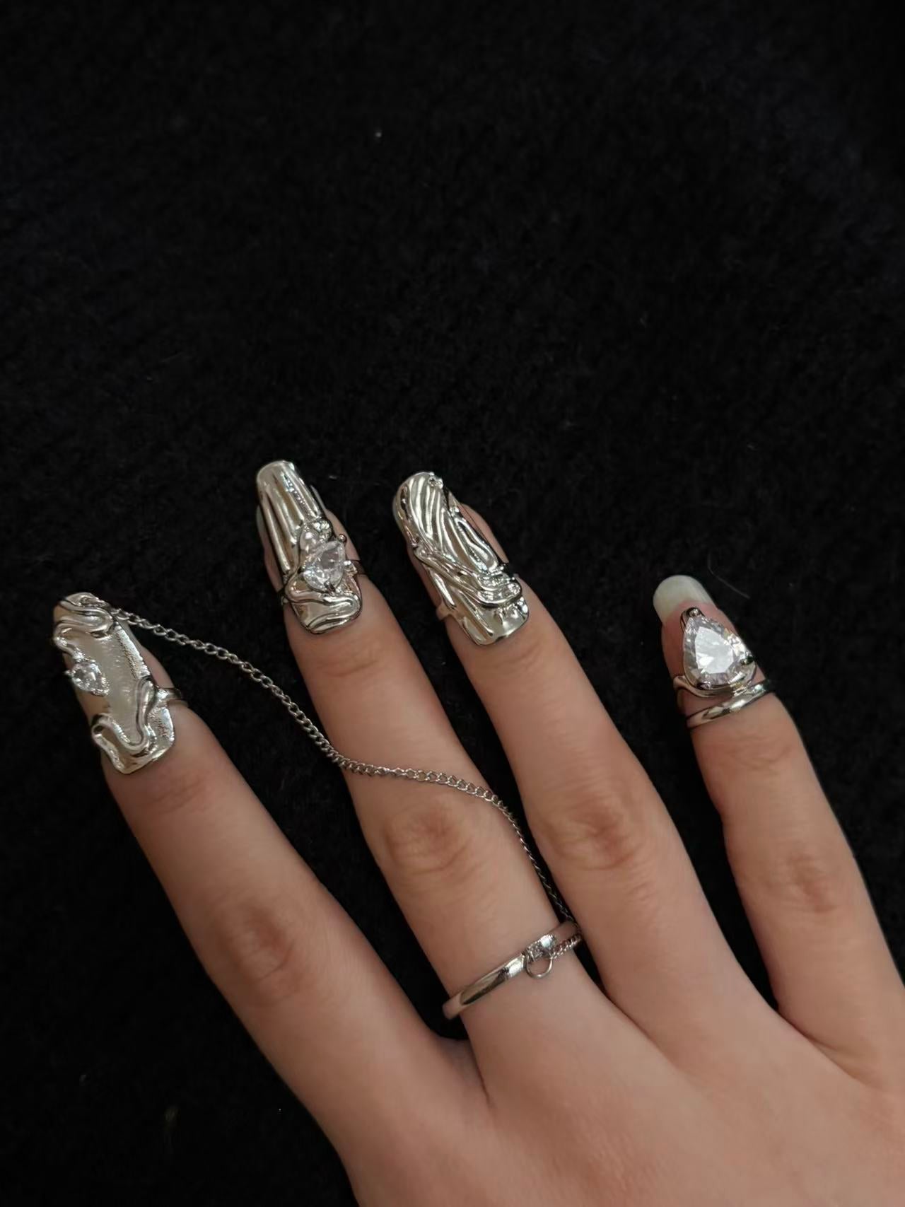 Rings | silver | Cybernicho | Molten Glitch Nail Armor Set | liquid-metal-finger-claws-with-chain-and-rhinestones