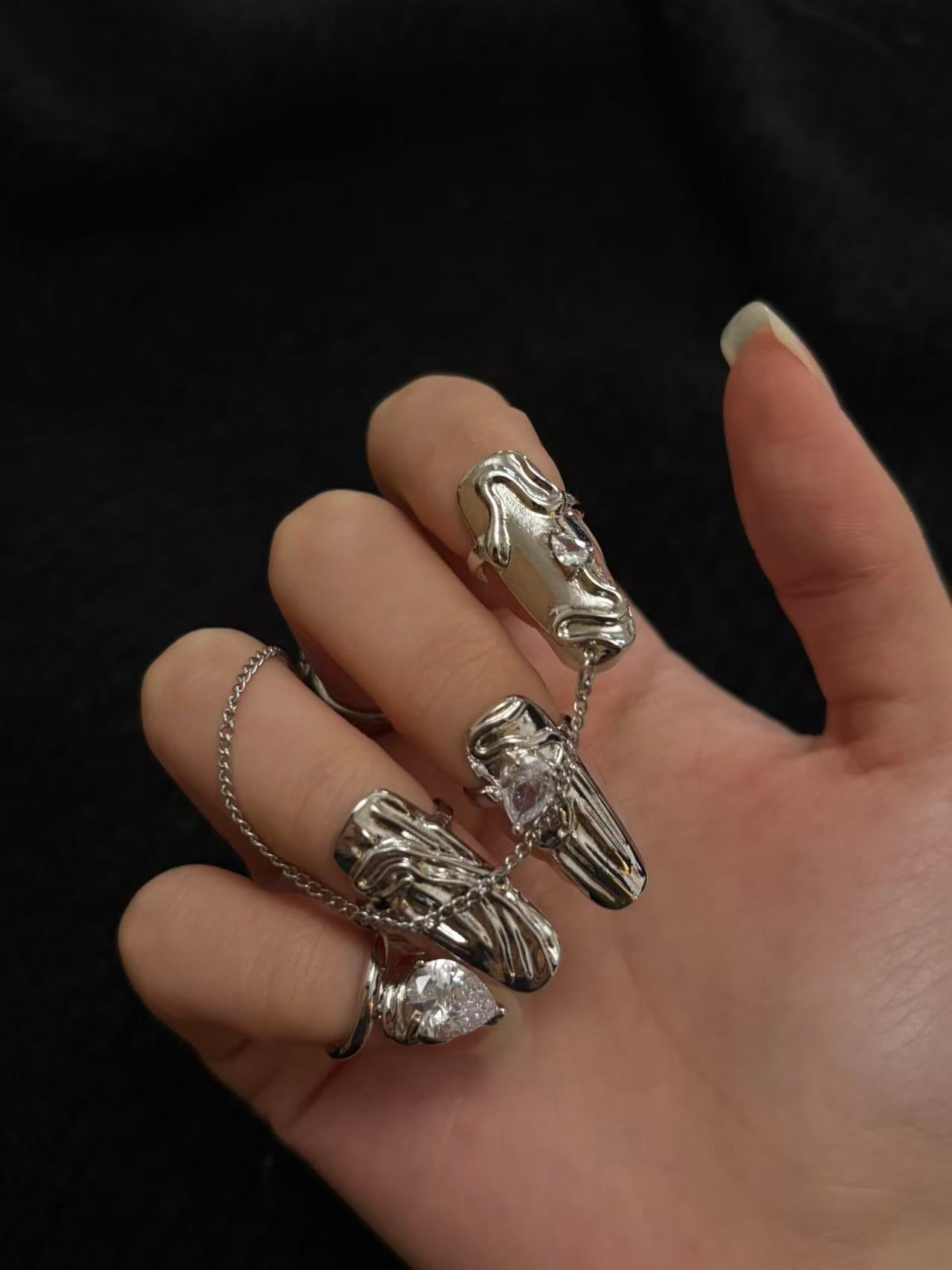 Rings | silver | Cybernicho | Molten Glitch Nail Armor Set | liquid-metal-finger-claws-with-chain-and-rhinestones