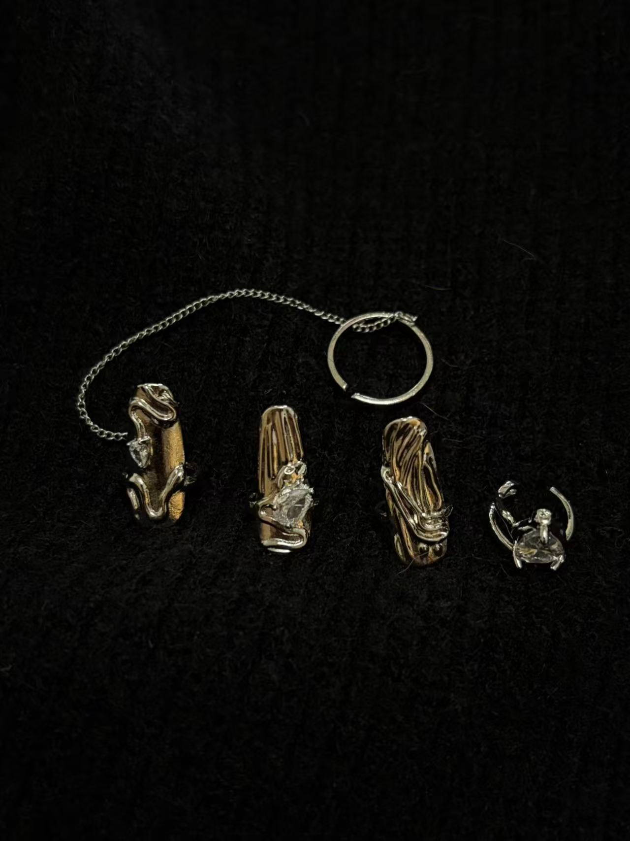 Rings | silver | Cybernicho | Molten Glitch Nail Armor Set | liquid-metal-finger-claws-with-chain-and-rhinestones