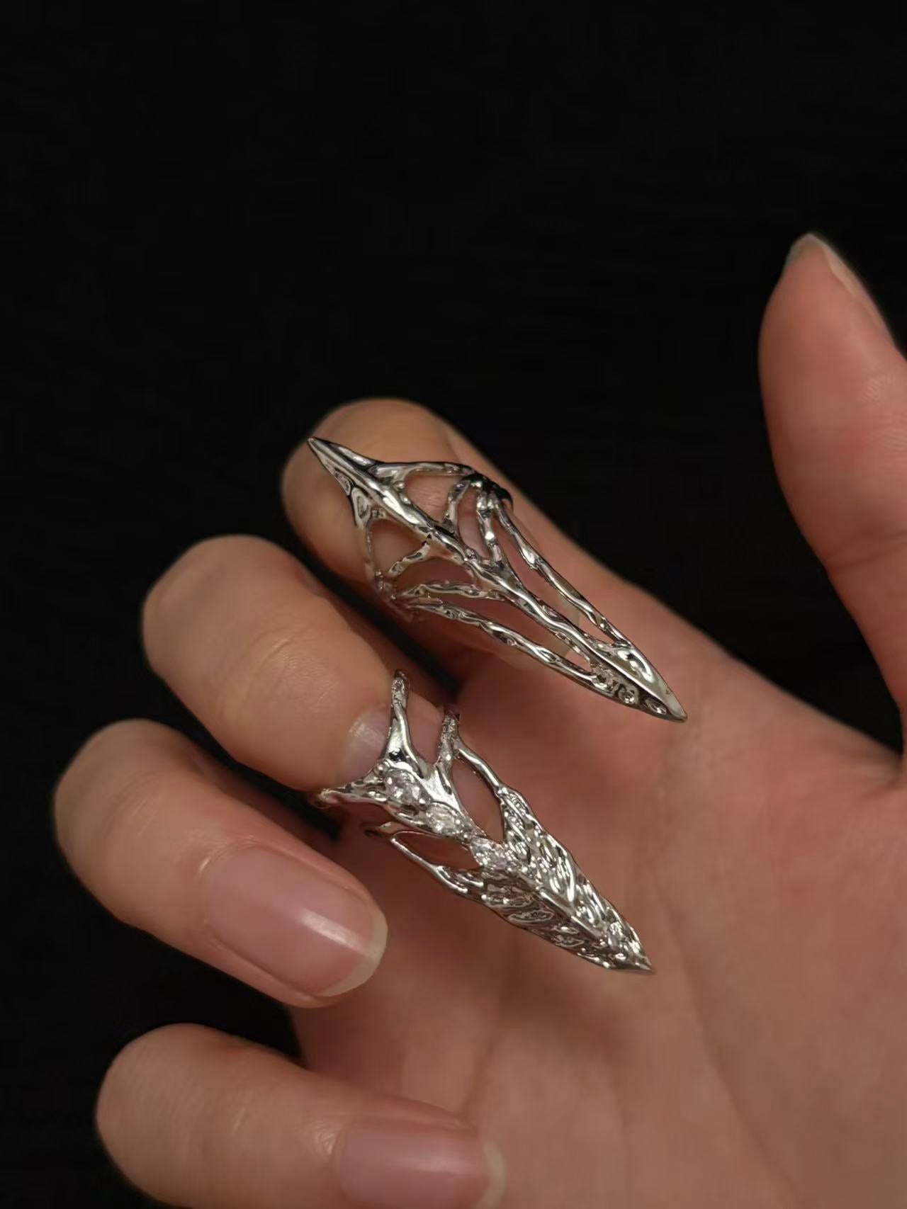 Rings | silver | Cybernicho | Molten Skeletal Bone & Ice Nail Armor | organic-liquid-metal-finger-exoskeleton