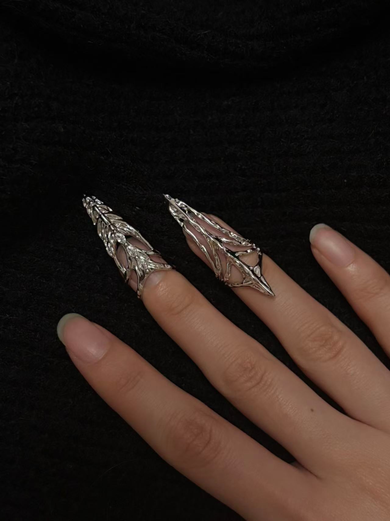 Rings | silver | Cybernicho | Molten Skeletal Bone & Ice Nail Armor | organic-liquid-metal-finger-exoskeleton