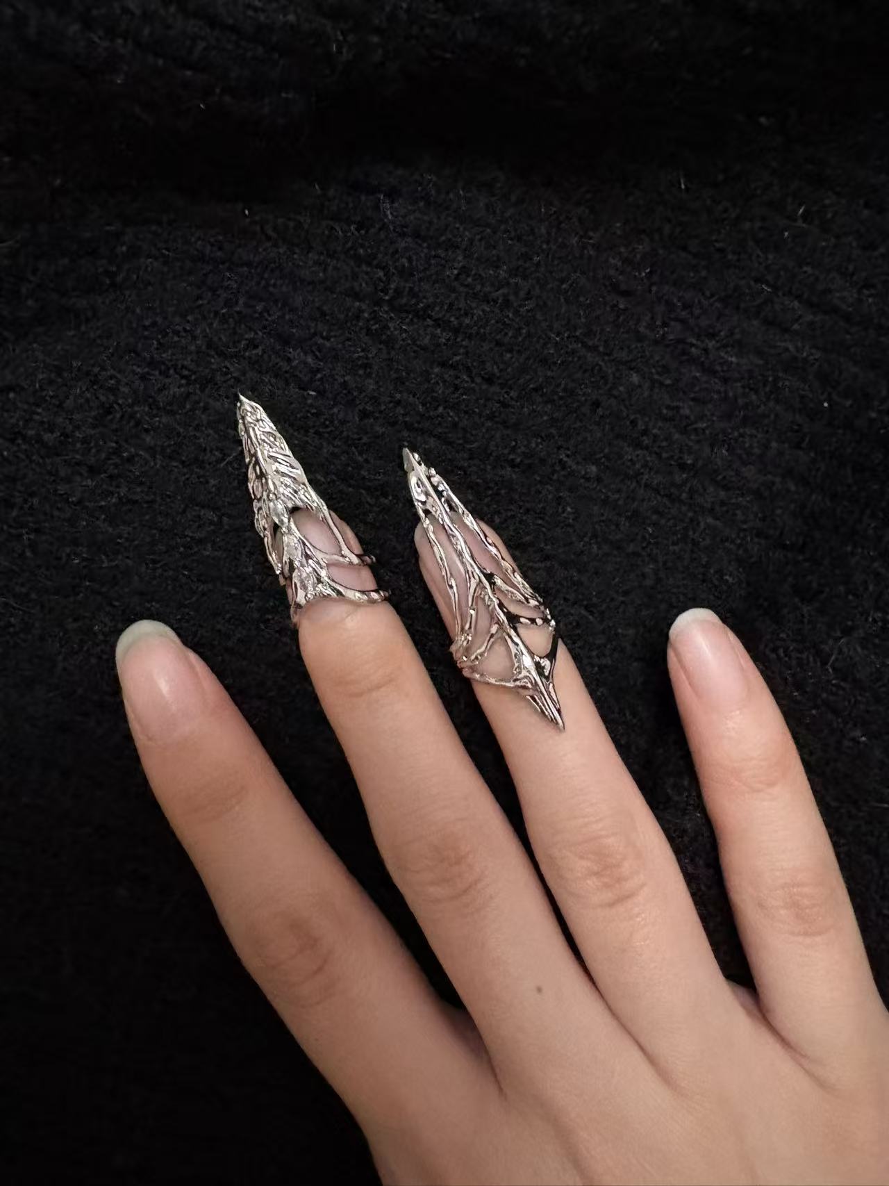 Rings | silver | Cybernicho | Molten Skeletal Bone & Ice Nail Armor | organic-liquid-metal-finger-exoskeleton