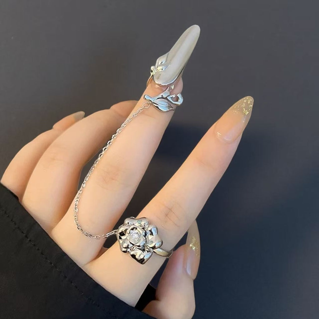 Rings | silver | Cybernicho | Molten Camellia Floral Nail Armor | articulated-full-finger-flower-ring