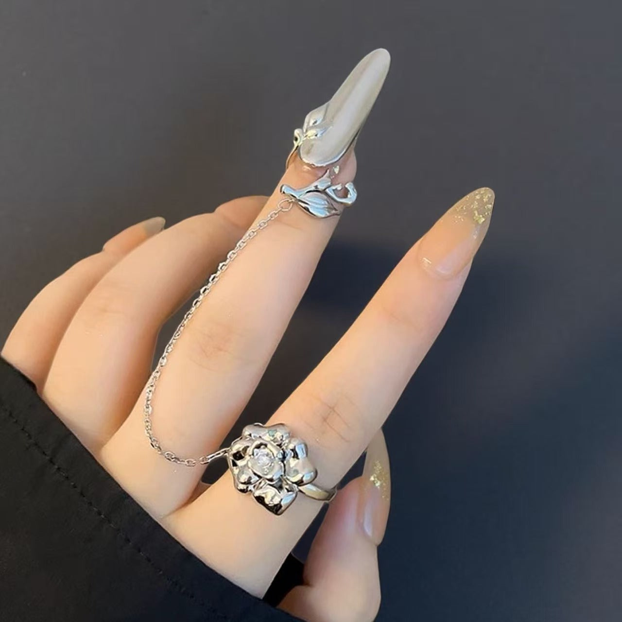 Rings | silver | Cybernicho | Molten Camellia Floral Nail Armor | articulated-full-finger-flower-ring