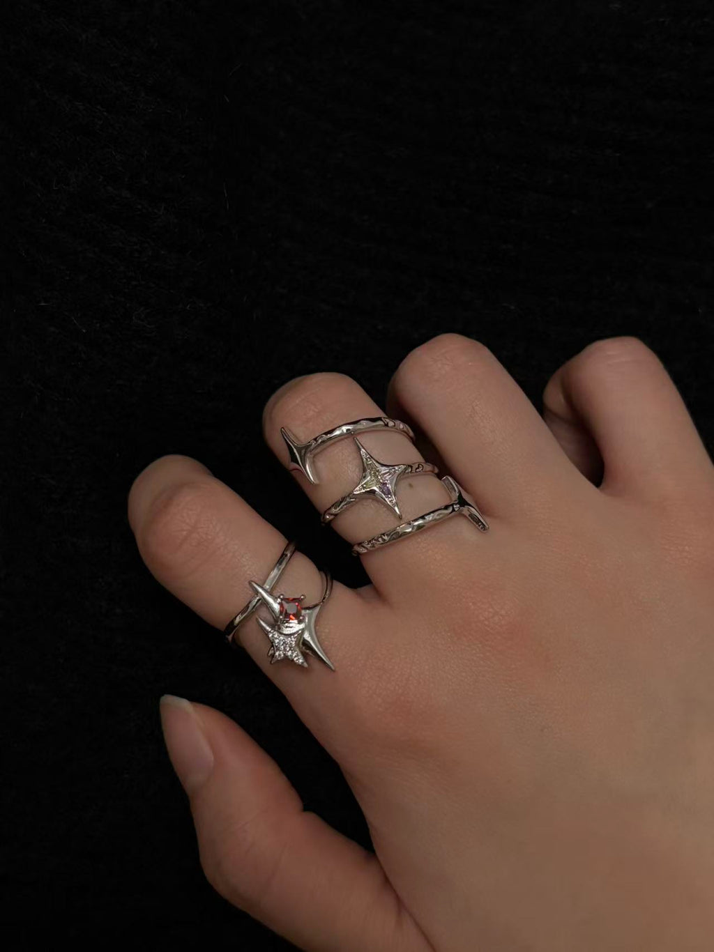 Rings | silver-ruby | Cybernicho | Molten Supernova Starburst Ring Set | stackable-liquid-metal-rings-with-red-ruby