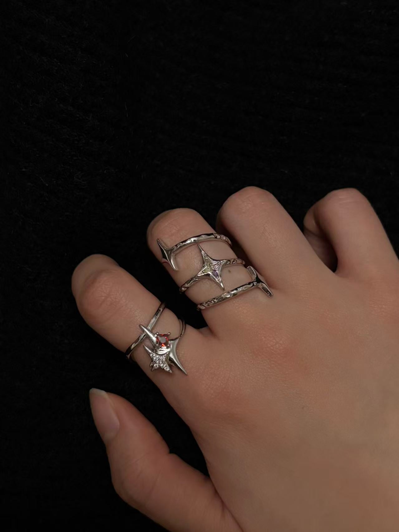 Rings | silver-ruby | Cybernicho | Molten Supernova Starburst Ring Set | stackable-liquid-metal-rings-with-red-ruby