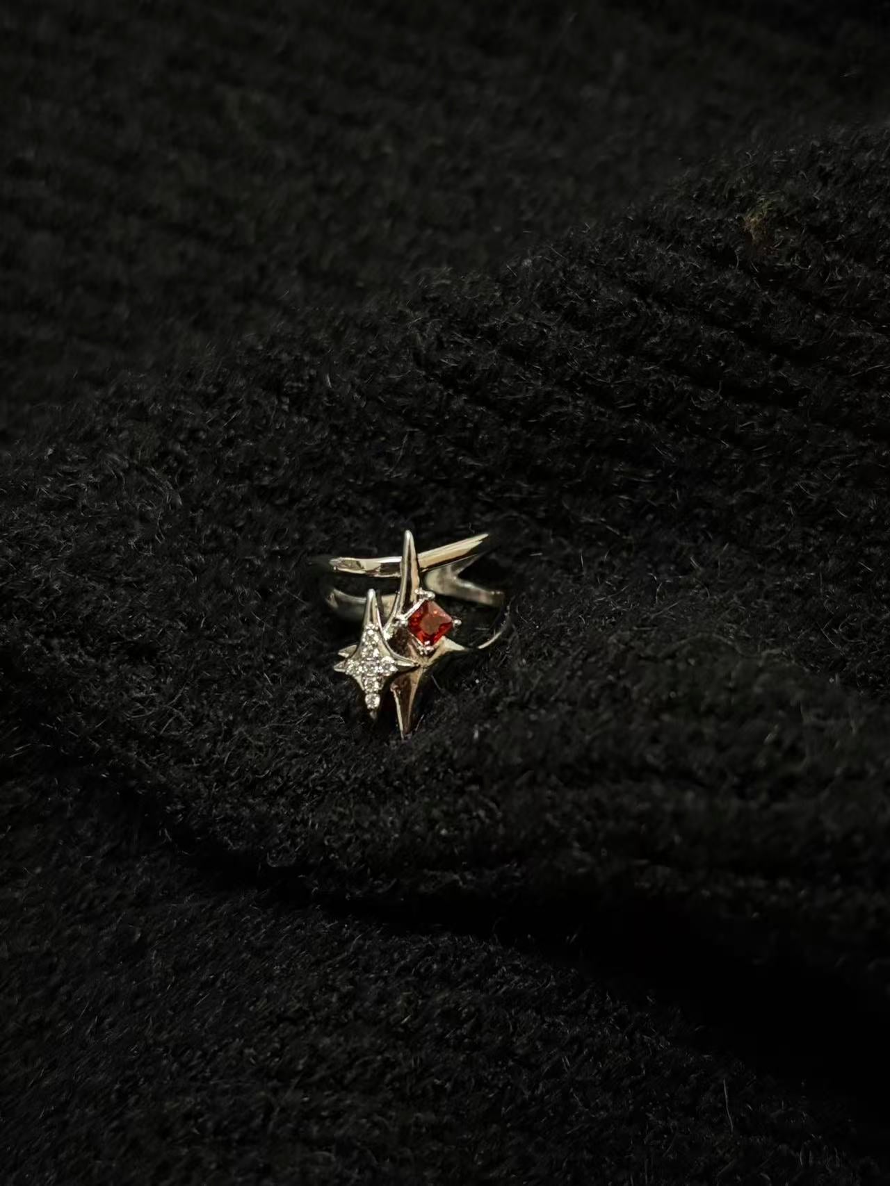 Rings | silver-ruby | Cybernicho | Molten Supernova Starburst Ring Set | stackable-liquid-metal-rings-with-red-ruby