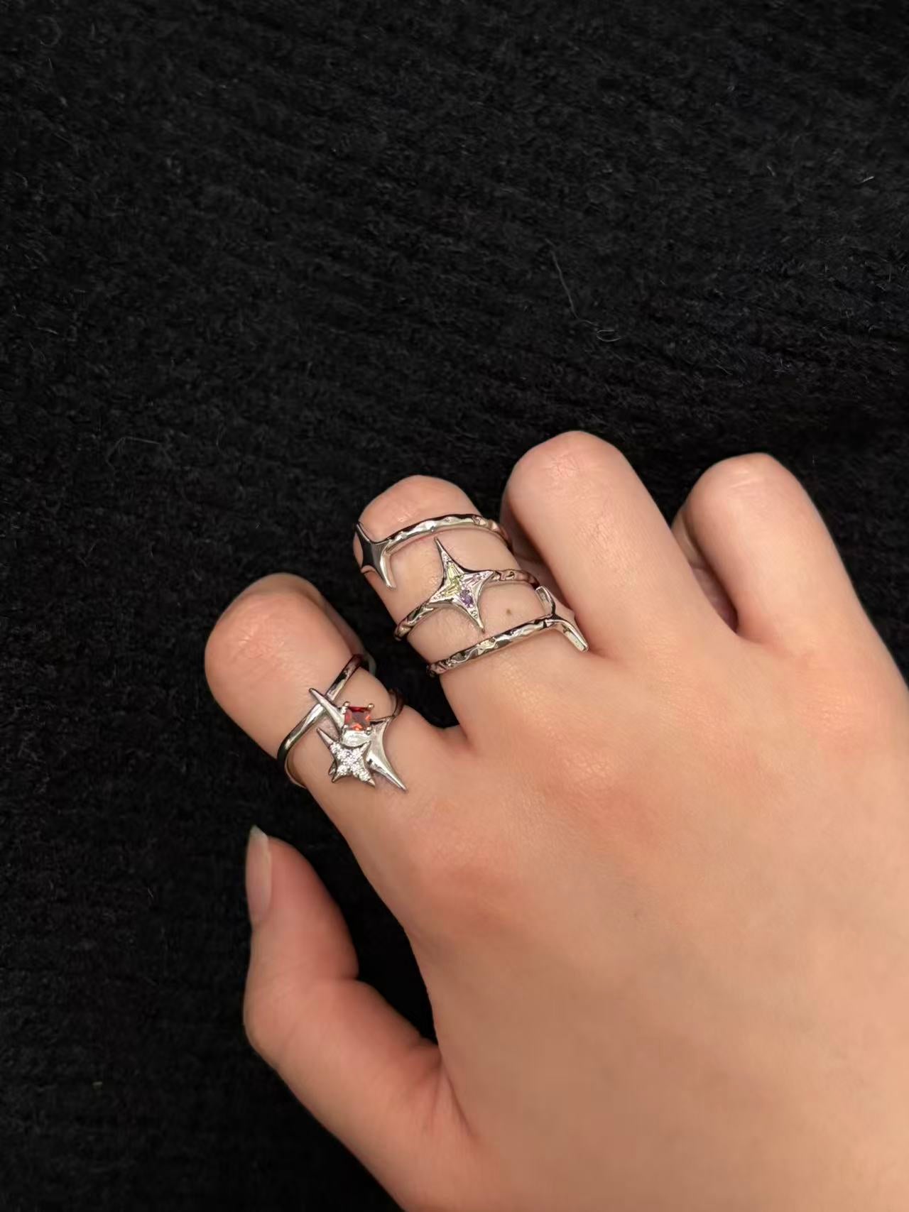 Rings | silver-ruby | Cybernicho | Molten Supernova Starburst Ring Set | stackable-liquid-metal-rings-with-red-ruby